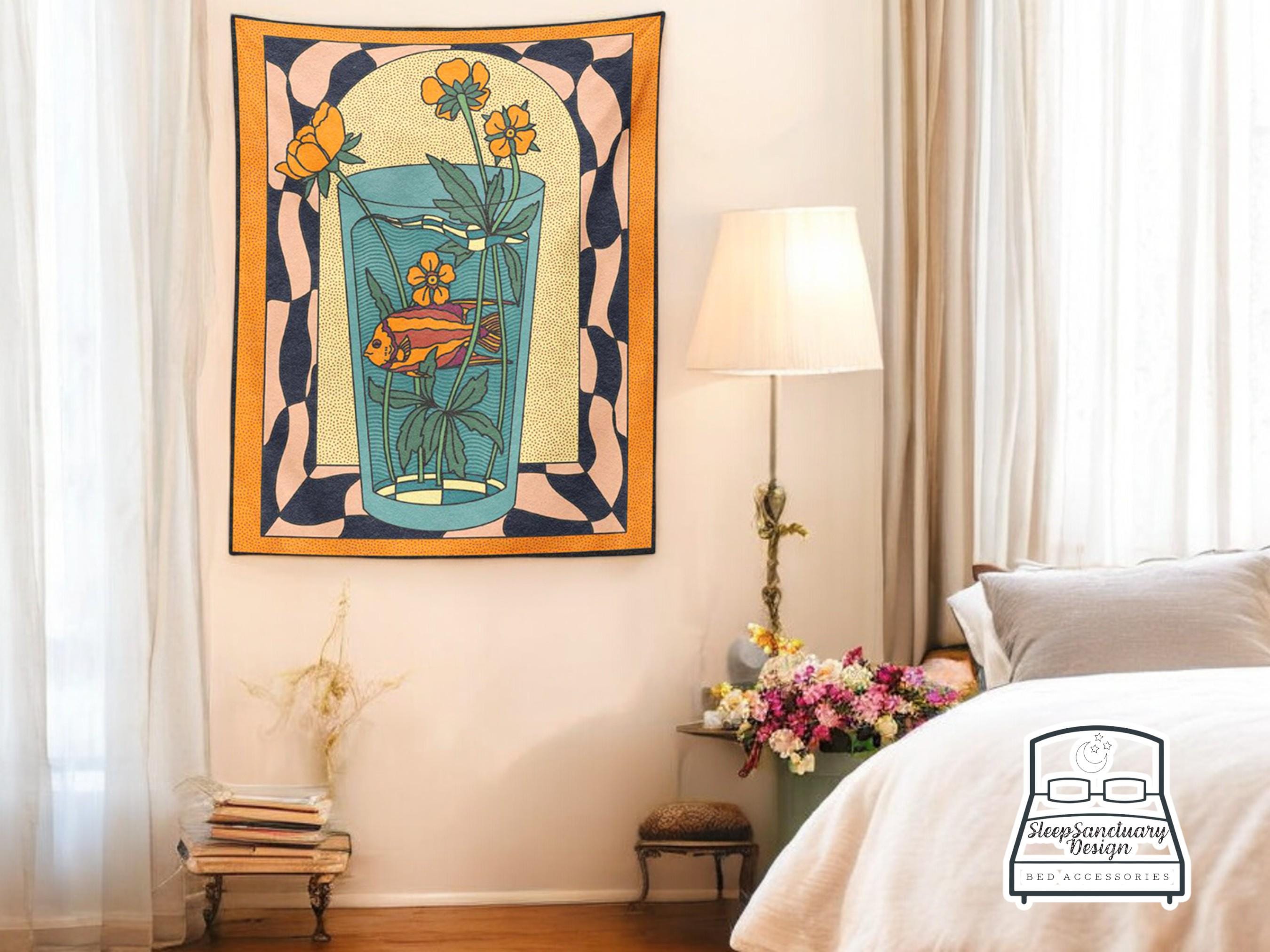 Goldfish Vase Floral Wall Art, Boho Tapestry Wall Hanging, Living Room Decor