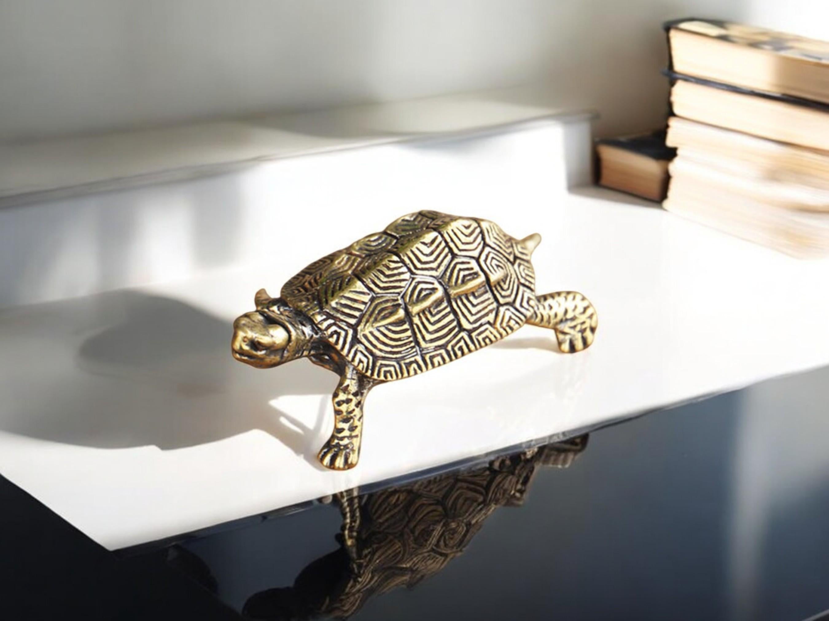 Antique Brass Turtle Figurine, Vintage Miniature Tortoise Statue, Lucky Feng Shui Office Decor