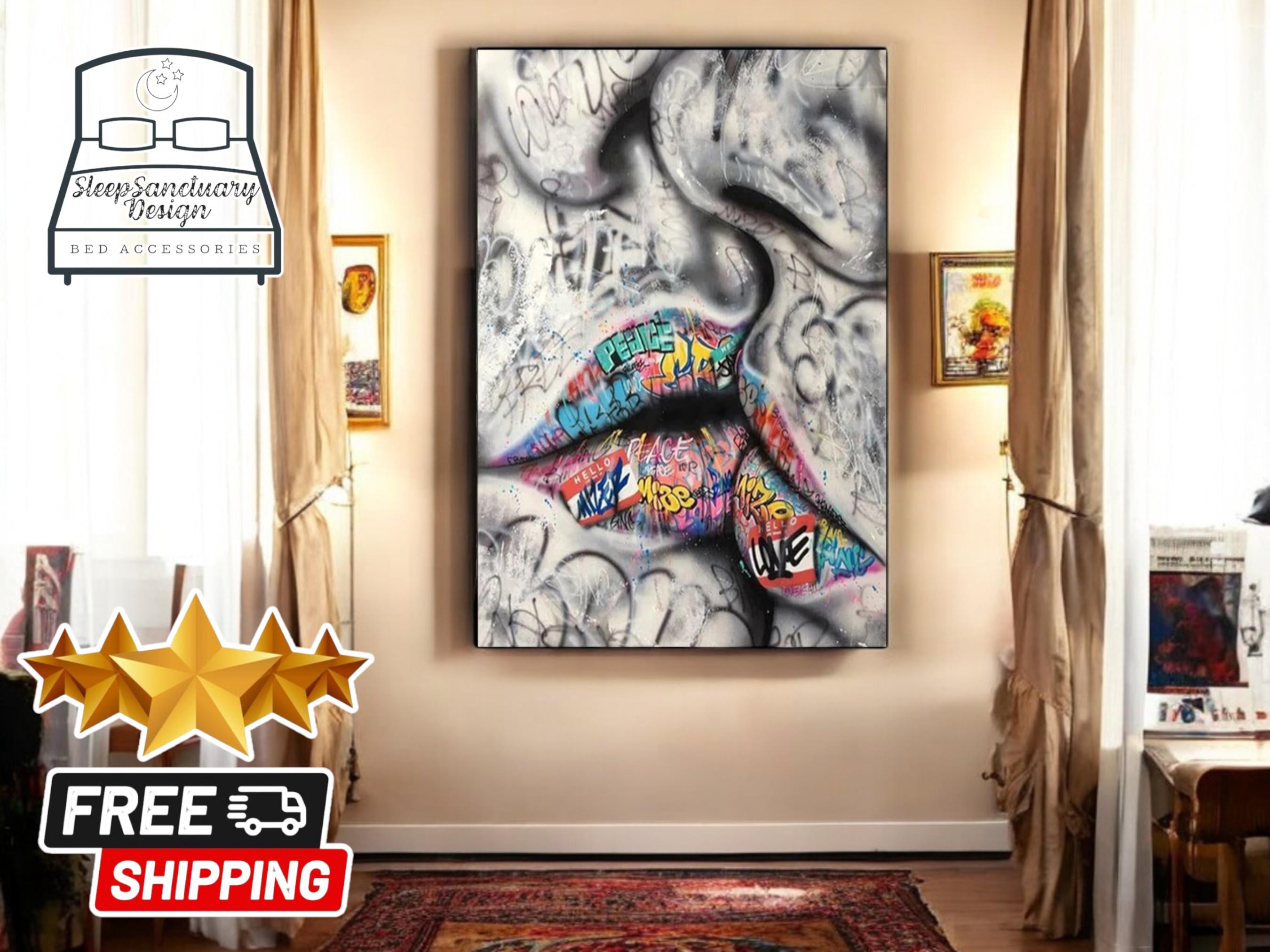 Banksy Lips Canvas Art, Pop Graffiti Wall Decor, Bold Lip Painting for Living Room