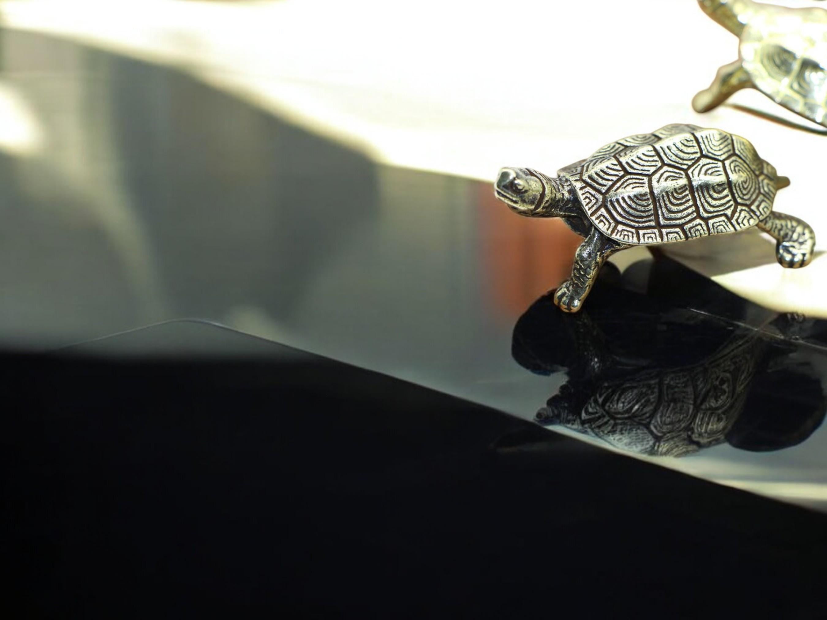 Antique Brass Turtle Figurine, Vintage Miniature Tortoise Statue, Lucky Feng Shui Office Decor