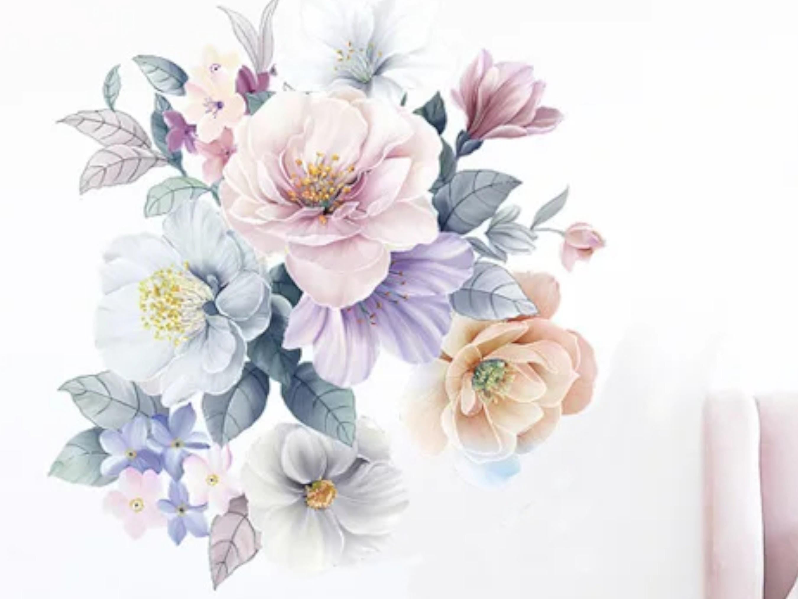 Watercolor Floral Wall Decals, Pastel Flower Mural for Living Room, Boho Nursery Decor