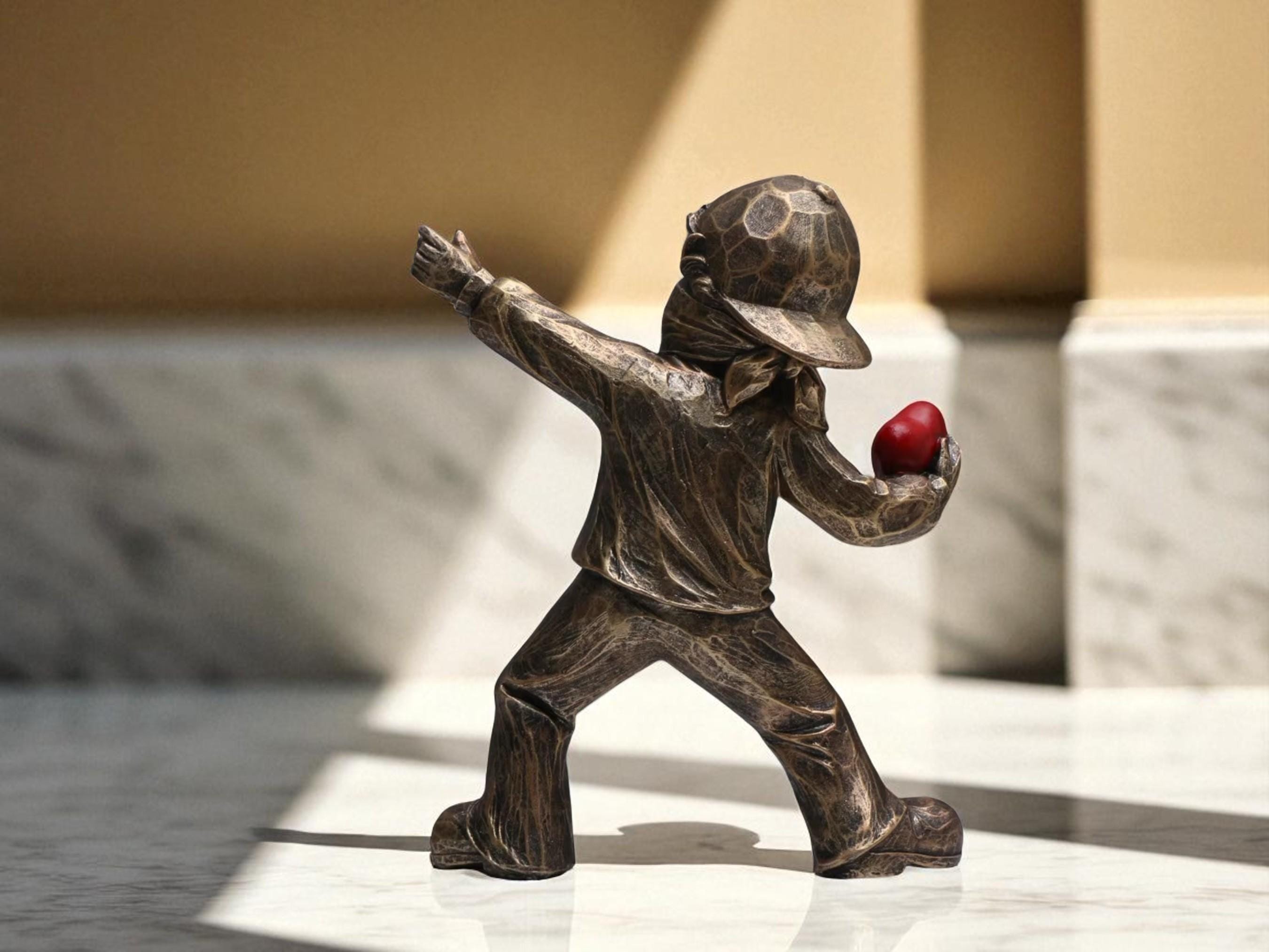Resin Art Sculpture, Love Figurine, Masked Child with Heart Modern Home Decor