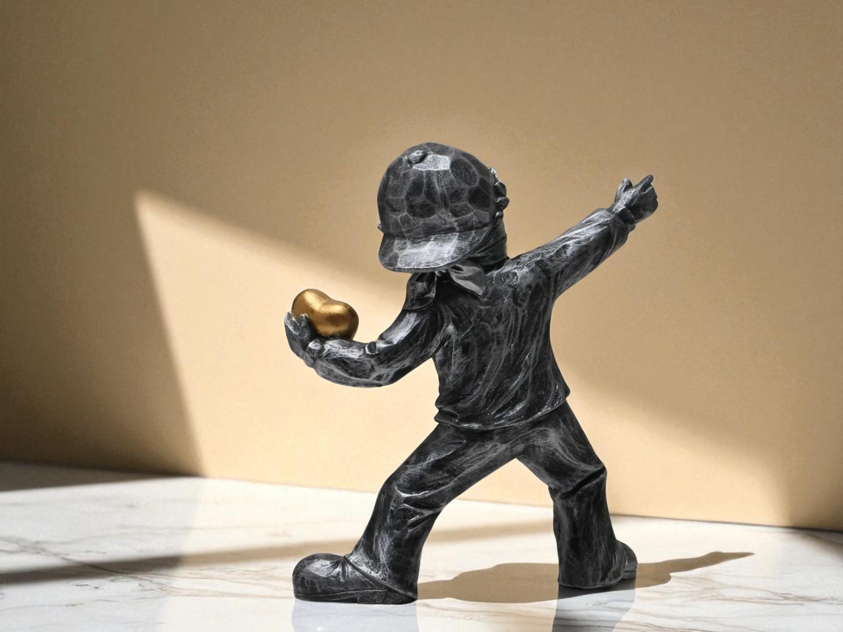 Resin Art Sculpture, Love Figurine, Masked Child with Heart Modern Home Decor